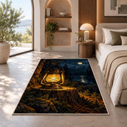 Vintage Camping Lantern rug in a bedroom with an arched window