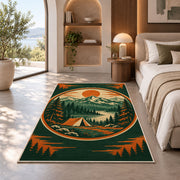 Vintage Camping Badge rug in a bedroom with an arched window