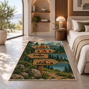 Camping Trail Signpost rug in a bedroom with an arched window