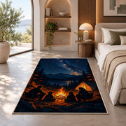 Family Campfire Under the Stars rug in a bedroom with an arched window