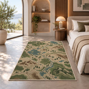Topographic Trail Map rug in a bedroom with an arched window