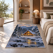 A-Frame Cabin in Snowy Pines rug in a bedroom with an arched window