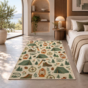 Camping Gear Pattern rug in a bedroom with an arched window