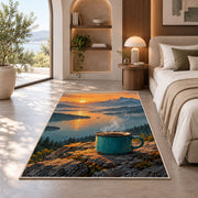 Steaming Camp Mug at Dawn rug in a bedroom with an arched window