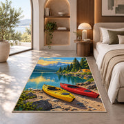 Kayaks on the Lakeshore rug in a bedroom with an arched window