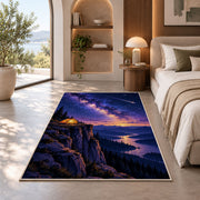 Tent on Cliff with Shooting Star rug in a bedroom with an arched window