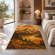 Retro 70s Mountain Sunset rug in a bedroom with an arched window