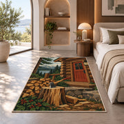 Firewood and Axe by Cabin rug in a bedroom with an arched window