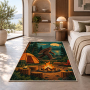 Bigfoot Campsite rug in a bedroom with an arched window