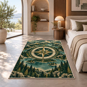 Compass in Mountain Forest Ring rug in a bedroom with an arched window