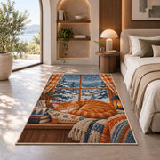 Orange Cat Snowy Window rug in a bedroom with an arched window