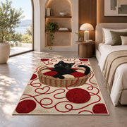 Black Cat Yarn Basket rug in a bedroom with an arched window