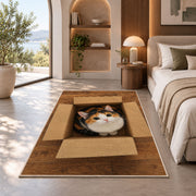 Calico Cat in a Box rug in a bedroom with an arched window