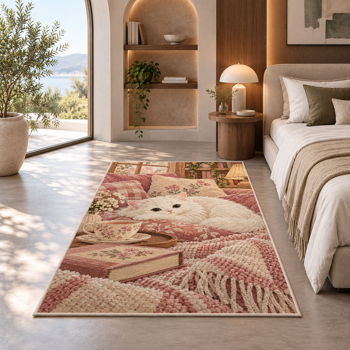 White Cat and Tea rug in a bedroom with an arched window
