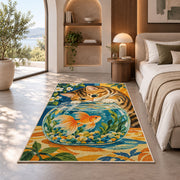 Tabby Cat and Goldfish rug in a bedroom with an arched window
