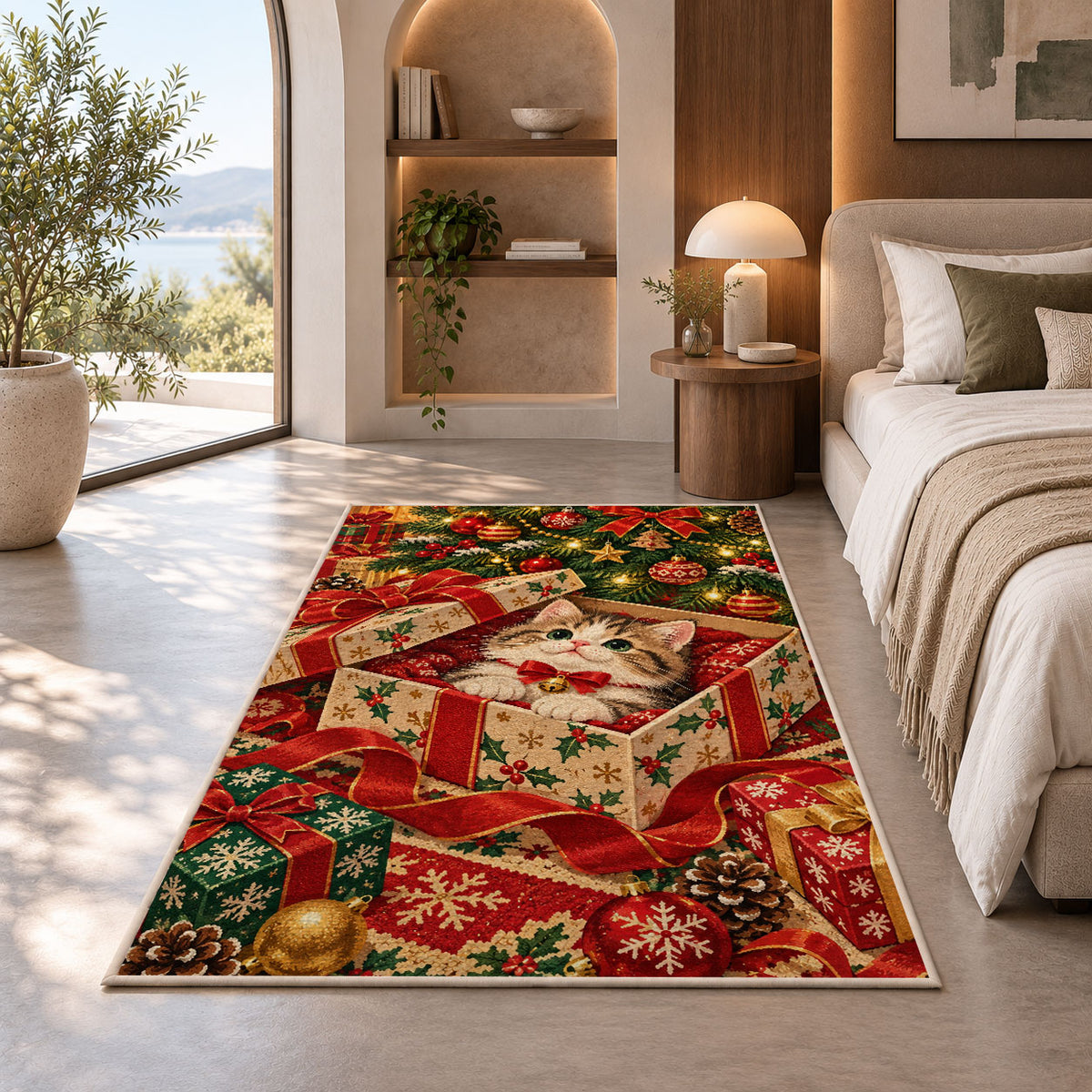 Kitten in Christmas Gift rug in a bedroom with an arched window