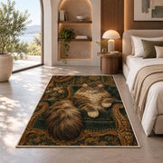Maine Coon on Velvet Chair rug in a bedroom with an arched window