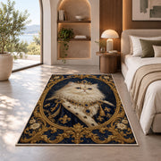 Royal Persian Cat Portrait rug in a bedroom with an arched window