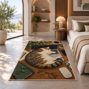 Cat Napping on Laptop rug in a bedroom with an arched window