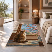 Cat Watching Sparrows rug in a bedroom with an arched window