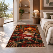 Sweater Kitten by Fireplace rug in a bedroom with an arched window