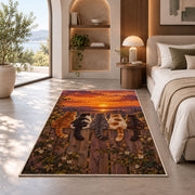 Cats on Fence at Sunset rug in a bedroom with an arched window