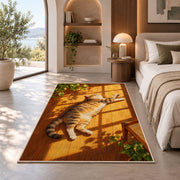 Tabby Cat Sunbathing rug in a bedroom with an arched window