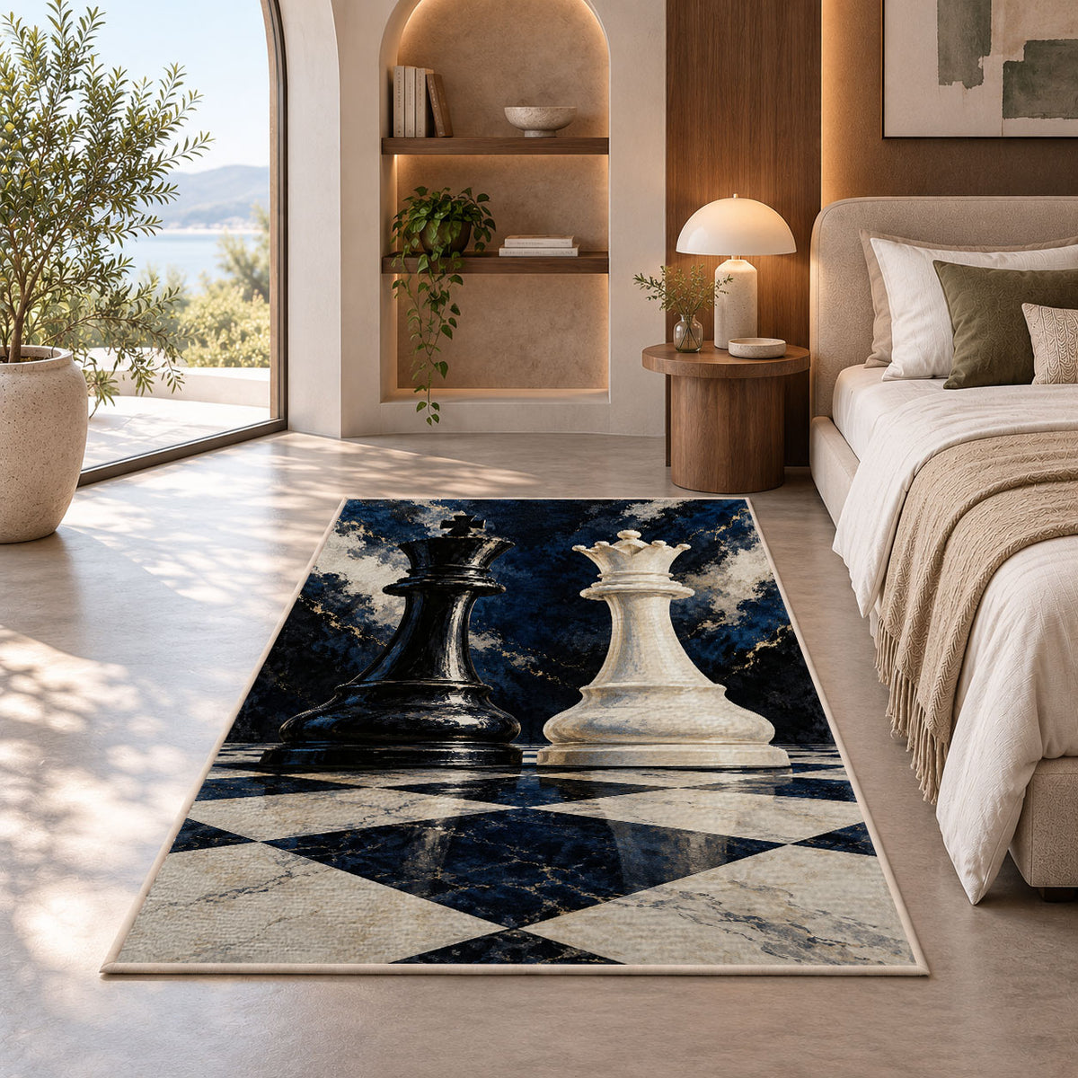 black king and white queen chess pieces rug in a bedroom with an arched window