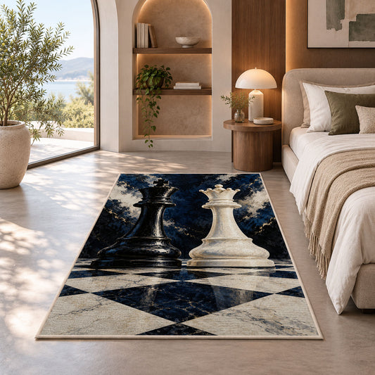 black king and white queen chess pieces rug in a bedroom with an arched window