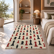 chess pieces pattern rug in a bedroom with an arched window