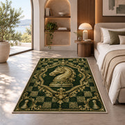 knight chess emblem rug in a bedroom with an arched window