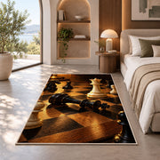 checkmate chess scene rug in a bedroom with an arched window