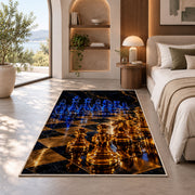 glowing glass chess pieces rug in a bedroom with an arched window