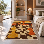 retro 70s chessboard rug in a bedroom with an arched window