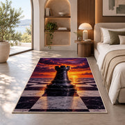 rook chess piece at sunset rug in a bedroom with an arched window
