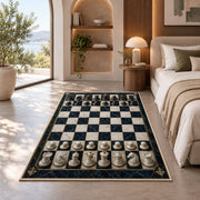 marble chessboard rug in a bedroom with an arched window