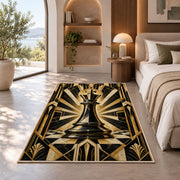 art deco chess king rug in a bedroom with an arched window