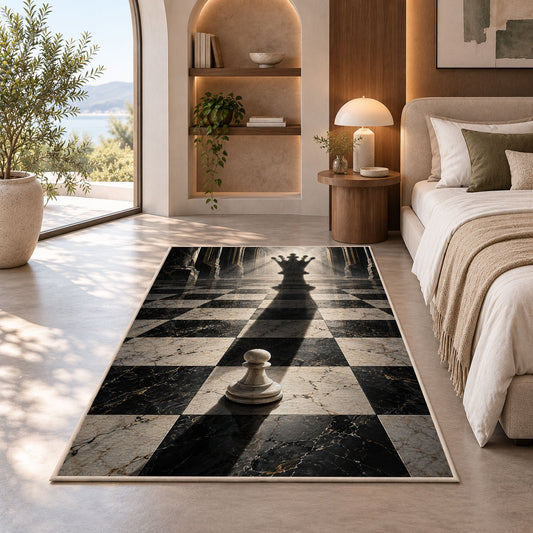 pawn with queen shadow chess rug in a bedroom with an arched window