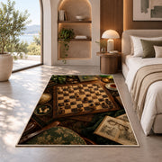 chessboard on a study desk rug in a bedroom with an arched window