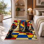pop art chess king and queen rug in a bedroom with an arched window