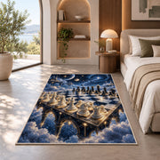 chessboard in the starry sky rug in a bedroom with an arched window