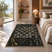 chalkboard chess strategy rug in a bedroom with an arched window