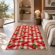 Gingham Cherry Rug in a bedroom with an arched window