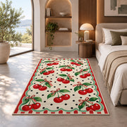 Retro Cherry Polka Dot Rug in a bedroom with an arched window