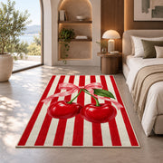 Candy Stripe Cherry Rug in a bedroom with an arched window