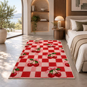 Checkered Cherry Rug in a bedroom with an arched window