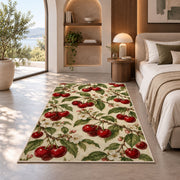 Vintage Botanical Cherry Rug in a bedroom with an arched window