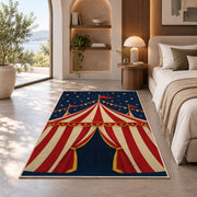 Vintage Circus Tent Rug in a bedroom with an arched window