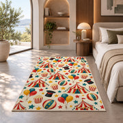 Circus Pattern Rug in a bedroom with an arched window