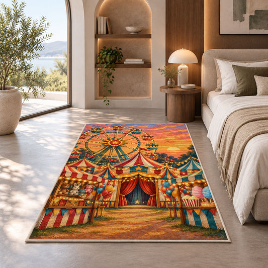 Carnival Ferris Wheel Rug in a bedroom with an arched window